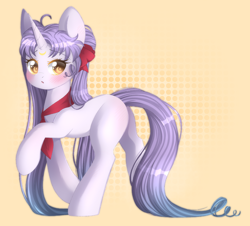 Size: 2000x1805 | Tagged: safe, artist:adostume, oc, oc only, species:pony, species:unicorn, blushing, bow, cute, digital art, eyes open, female, horn, mare, simple background, solo