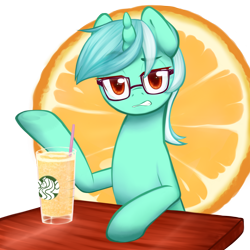 Size: 1280x1280 | Tagged: safe, artist:aisuroma, character:lyra heartstrings, species:pony, species:unicorn, drink, female, food, glasses, hipster, looking at you, mare, orange, simple background, sitting, solo, starbucks, straw, table, transparent background