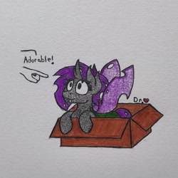 Size: 2673x2673 | Tagged: safe, artist:drheartdoodles, oc, oc:nadalia, species:changeling, behaving like a cat, box, cardboard box, changeling oc, disembodied hand, fangs, hand, offscreen character, pointing, purple changeling, smiling, traditional art
