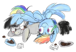 Size: 3114x2160 | Tagged: safe, artist:littleblackraencloud, character:rainbow dash, oc, oc:moon ray, species:pegasus, species:pony, episode:hearts and hooves day, g4, my little pony: friendship is magic, blushing, box of chocolates, canon x oc, chocolate, female, food, glasses, hearts and hooves day cards, holiday, hug, lying on pony, male, on back, pegasus oc, prone, shipping, simple background, smiling, spread wings, valentine's day, valentine's day card, winghug, wings