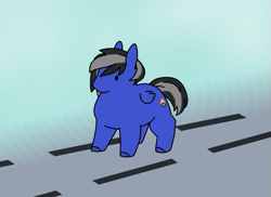 Size: 525x383 | Tagged: safe, artist:siegfriednox, oc, oc only, oc:driftor, species:pegasus, species:pony, black hair, blue, blue background, blue coat, chonk, cute, cutie mark, dot eyes, folded wings, grey hair, male, no mouth, pegasus oc, road, simple background, small wings, solo, stallion, striped mane, striped tail, two toned hair, two toned mane, two toned tail, wings