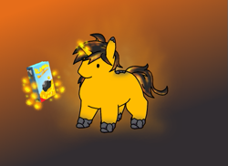 Size: 525x383 | Tagged: safe, artist:siegfriednox, oc, oc only, oc:blast door, species:pony, species:unicorn, black mane, black tail, blank flank, box, chonk, colt, cute, dot eyes, food, glowing horn, horn, mac and cheese, magic, male, no cutie marks yet, no mouth, orange, orange background, orange tail, simple background, solo, telekinesis, two toned mane, two toned tail, unicorn oc