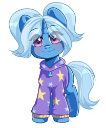 Size: 829x1000 | Tagged: safe, artist:cottonsweets, character:trixie, species:pony, species:unicorn, alternate hairstyle, babysitter trixie, clothing, female, hoodie, pigtails, simple background, solo, twintails, white background