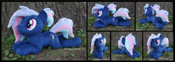 Size: 4920x1754 | Tagged: safe, artist:peruserofpieces, oc, oc:bit rate, species:earth pony, species:pony, beanie (plushie), earth pony oc, female, looking at you, mare, photo, plushie, ponytail, prone, smiling, solo, tree