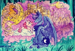 Size: 1280x881 | Tagged: safe, artist:laps-sp, character:pinkie pie, character:princess luna, species:alicorn, species:earth pony, species:pony, species:siren, fanfic:the enchanted kingdom, castle, fanfic art, female, mare, sitting, smiling, traditional art