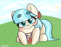 Size: 2115x1637 | Tagged: safe, artist:cottonsweets, character:coco pommel, species:earth pony, species:pony, blushing, cocobetes, cute, eye clipping through hair, female, grass, looking at you, mare, prone, smiling, smiling at you, solo