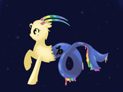 Size: 1600x1200 | Tagged: safe, artist:tomat-in-cup, oc, oc only, species:pony, flying, horn, night, original species, raised hoof, smiling, solo, stars