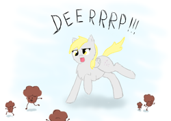 Size: 4092x2893 | Tagged: safe, artist:tomat-in-cup, character:derpy hooves, species:pegasus, species:pony, chest fluff, female, food, mare, muffin, open mouth, raised hoof, running, scared, talking