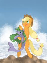Size: 2400x3200 | Tagged: safe, artist:tomat-in-cup, oc, species:earth pony, species:pony, bipedal, clothing, duo, female, hat, holding a pony, mare, open mouth, original species, petting, shark, shark pony, smiling