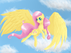 Size: 1600x1200 | Tagged: safe, artist:tomat-in-cup, character:fluttershy, species:pegasus, species:pony, big wings, blushing, cloud, female, flying, looking at you, mare, sky, smiling, solo, spread wings, wings