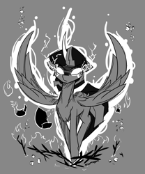Size: 1000x1200 | Tagged: safe, artist:thattagen, character:twilight sparkle, character:twilight sparkle (alicorn), species:alicorn, species:pony, burning, female, fire, glowing eyes, magic, mare, monochrome, solo, spread wings, wings