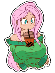 Size: 800x1060 | Tagged: safe, artist:thattagen, character:fluttershy, species:human, newbie artist training grounds, atg 2020, between breasts, big breasts, blushing, breasts, bust, busty fluttershy, clothing, cute, drink, drinking, drinking straw, female, hands-free bubble tea challenge, humanized, outline, shyabetes, simple background, solo, sticker, sweater, transparent background