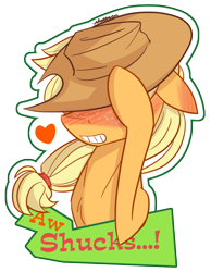 Size: 800x1030 | Tagged: safe, artist:thattagen, character:applejack, species:earth pony, species:pony, blushing, cute, embarrassed, female, floppy ears, hat tip, heart, hidden eyes, mare, simple background, smiling, solo, transparent background