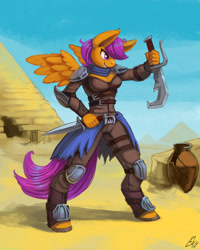 Size: 960x1200 | Tagged: safe, artist:lexx2dot0, character:scootaloo, species:anthro, species:pegasus, species:pony, species:unguligrade anthro, assassin, colored hooves, dagger, desert, female, pyramid, smiling, solo, vase, weapon