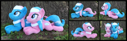 Size: 5400x1754 | Tagged: safe, artist:peruserofpieces, character:aloe, character:lotus blossom, species:earth pony, species:pony, beanie (plushie), female, headband, looking at you, mare, plushie, prone, siblings, sisters, smiling, spa twins, tree, twins