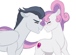 Size: 1315x945 | Tagged: safe, artist:whalepornoz, character:rumble, character:sweetie belle, species:pegasus, species:pony, species:unicorn, ship:rumbelle, blushing, boop, eyes closed, female, grin, male, mare, noseboop, older, older rumble, older sweetie belle, shipping, simple background, smiling, stallion, straight, white background