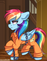 Size: 1000x1304 | Tagged: safe, artist:cottonsweets, character:rainbow dash, angry, bound wings, chains, clothing, courtroom, cuffs, female, grumpy, prison outfit, prisoner, prisoner rd, solo, wings