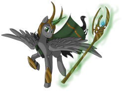 Size: 1600x1200 | Tagged: safe, artist:tomat-in-cup, species:alicorn, species:pony, alicornified, clothing, glowing horn, horn, loki, magic, male, ponified, race swap, raised hoof, simple background, solo, staff, stallion, telekinesis, transparent background