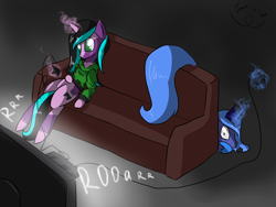 Size: 1600x1200 | Tagged: safe, artist:tomat-in-cup, character:princess luna, oc, species:alicorn, species:pony, species:unicorn, clothing, controller, couch, duo, female, glowing horn, hiding, horn, magic, mare, s1 luna, scared, sitting, telekinesis, television, unicorn oc