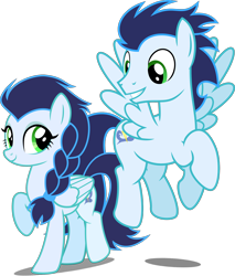 Size: 2350x2764 | Tagged: safe, artist:chainchomp2 edit, artist:whalepornoz, edit, editor:slayerbvc, character:soarin', species:pegasus, species:pony, cute, female, flying, glide, grin, looking down, looking up, male, mare, ponidox, r63 paradox, raised hoof, rule 63, self ponidox, simple background, smiling, soarinbetes, stallion, transparent background, vector, vector edit