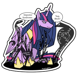 Size: 1000x1000 | Tagged: safe, artist:thattagen, character:twilight sparkle, character:twilight sparkle (alicorn), species:alicorn, species:pony, episode:the last problem, g4, my little pony: friendship is magic, ..., bitch, dialogue, female, long hair, mare, princess twilight 2.0, shadow creature, simple background, smug, snake, solo, speech bubble, this is for emphasis bitch, transparent background, vulgar, worst pony, writing
