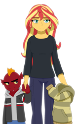 Size: 1215x1875 | Tagged: safe, artist:fantasygerard2000, character:garble, character:sunset shimmer, character:wallflower blush, species:dragon, species:human, my little pony:equestria girls, age regression, alternate universe, clothing, female, headcanon, hoodie, invisible, male, mother, parent, young