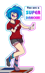 Size: 1000x1600 | Tagged: safe, artist:thattagen, character:dj pon-3, character:vinyl scratch, species:human, blue hair, boots, clothing, dance dance revolution, dancing, female, glasses, gym shorts, happy, humanized, shirt, shoes, short hair, shorts, simple background, smiling, smiling at you, solo, sunglasses, t-shirt, text, tomboy, transparent background, wristband