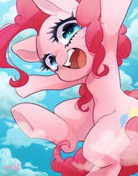 Size: 1609x2048 | Tagged: safe, artist:bbtasu, character:pinkie pie, species:earth pony, species:pony, cloud, cute, diapinkes, female, looking at you, mare, open mouth, sky, solo