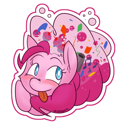 Size: 850x850 | Tagged: safe, artist:thattagen, character:pinkie pie, species:earth pony, species:pony, female, mare, simple background, smiley face, solo, sticker, tongue out, transparent background
