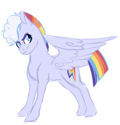 Size: 1119x1166 | Tagged: safe, alternate version, artist:whalepornoz, character:rainbow dash, species:pegasus, species:pony, g5 leak, female, looking back, mare, rainbow dash (g5), redesign, simple background, smiling, smirk, solo, spread wings, white background, wings