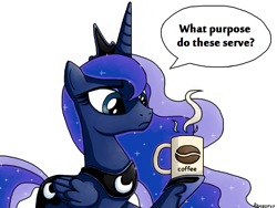 Size: 1024x768 | Tagged: safe, artist:rambopvp, character:princess luna, species:alicorn, species:pony, coffee, coffee mug, dialogue, female, hoof hold, mare, mug, simple background, skeptical, solo