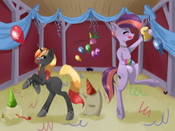Size: 4000x3000 | Tagged: safe, artist:tomat-in-cup, oc, oc only, species:earth pony, species:pony, species:unicorn, alcohol, balloon, barn, beer, bipedal, clothing, confetti, dancing, duo, earth pony oc, hat, hoof hold, horn, mug, open mouth, party hat, party horn, rearing, smiling, unicorn oc