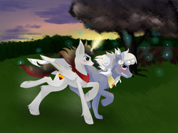 Size: 4000x3000 | Tagged: safe, artist:tomat-in-cup, oc, oc only, species:alicorn, species:pony, species:wolf, alicorn oc, duo, glowing horn, horn, outdoors, paws, peytral, running, smiling, tree, twilight (astronomy), underpaw, wings