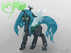 Size: 4000x3000 | Tagged: safe, artist:tomat-in-cup, artist:tomatinacup, character:queen chrysalis, species:changeling, changeling queen, cute, cutealis, female, glowing horn, heart, horn, nymph, raised hoof, signature, solo, young