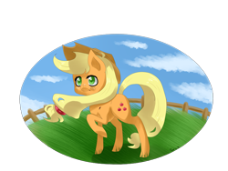 Size: 4000x3000 | Tagged: safe, artist:tomat-in-cup, character:applejack, species:earth pony, species:pony, clothing, cloud, female, fence, hat, outdoors, raised hoof, simple background, solo, transparent background