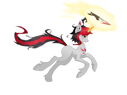 Size: 4000x3000 | Tagged: safe, artist:tomat-in-cup, oc, oc only, species:pony, species:unicorn, blood, glowing horn, horn, knife, magic, messy mane, running, simple background, solo, telekinesis, transparent background, unicorn oc