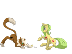 Size: 2000x1500 | Tagged: safe, artist:tomat-in-cup, oc, oc only, species:earth pony, species:pony, species:unicorn, behaving like a cat, colored hooves, duo, earth pony oc, face down ass up, horn, mouse, raised hoof, simple background, sitting, toy, transparent background, unicorn oc