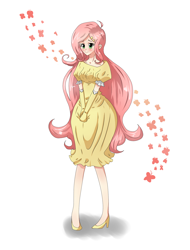 Size: 1322x1735 | Tagged: safe, artist:tomat-in-cup, character:fluttershy, species:human, clothing, cute, dress, eyelashes, female, gloves, high heels, humanized, long gloves, shoes, shyabetes, smiling, solo, wrong eye color