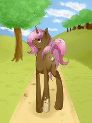Size: 1500x2000 | Tagged: safe, artist:tomat-in-cup, oc, oc only, species:pony, species:unicorn, cloud, horn, looking up, outdoors, solo, tree, unicorn oc