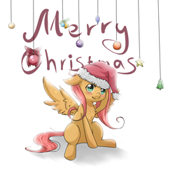 Size: 1000x1000 | Tagged: safe, artist:tomat-in-cup, character:fluttershy, species:pegasus, species:pony, 2012, bauble, blushing, chest fluff, christmas, clothing, female, floppy ears, hat, holiday, looking at you, mare, merry christmas, raised hoof, santa hat, sitting, smiling, solo, spread wings, wings