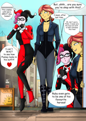 Size: 4165x5890 | Tagged: safe, artist:symptom99, character:pinkie pie, character:sunset shimmer, oc, my little pony:equestria girls, black canary, canon x oc, clothing, comic, cosplay, costume, dc comics, harley quinn, implied oc