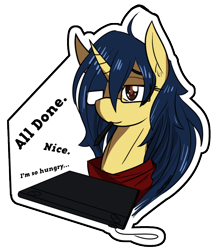 Size: 780x900 | Tagged: safe, artist:thattagen, oc, oc only, oc:furikake, species:pony, species:unicorn, female, glasses, graphics tablet, simple background, solo, sticker, transparent background