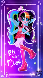 Size: 1239x2205 | Tagged: safe, artist:gihhbloonde, artist:noreentheartist, base used, oc, oc:rainbow heart, species:human, my little pony:equestria girls, barely eqg related, boots, clothing, crossover, dress, equestria girls style, equestria girls-ified, fairy, fairy wings, hand on hip, headphones, jewelry, magic winx, musa, necklace, pigtails, shoes, wings, winx club, winxified