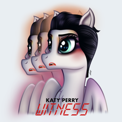 Size: 1500x1500 | Tagged: safe, artist:aldobronyjdc, species:pegasus, species:pony, album, album cover, alternate cover, digital art, katy perry, looking away, makeup, open mouth, ponified, simple background, text, three faces, white background, witness