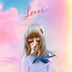 Size: 1500x1500 | Tagged: safe, artist:aldobronyjdc, species:earth pony, species:pony, album, album cover, bangs, blouse, clothing, cloud, colored hair, colorful, digital art, heart, lover, ponified, sky, taylor swift