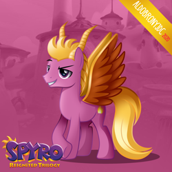 Size: 3500x3500 | Tagged: safe, artist:aldobronyjdc, base used, species:pegasus, species:pony, cutie mark, digital art, fire, logo, looking away, male, ponified, simple background, smiling, solo, spyro the dragon, standing, video game, video game character