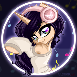 Size: 2000x2000 | Tagged: safe, artist:aldobronyjdc, oc, oc only, oc:melody verve, species:pony, species:unicorn, beautiful, blouse, clothing, cute, digital art, digitalization, female, half body, headphones, looking at you, music, music notes, sexy, sketch used, solo