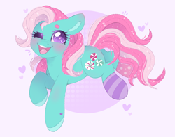 Size: 1886x1489 | Tagged: safe, artist:adostume, character:minty, species:earth pony, species:pony, blushing, circle background, clothing, cute, cutie mark, female, happy, heart eyes, mare, one eye closed, open mouth, simple background, smiling, socks, solo, sparkles, striped socks, teeth, wingding eyes, wink