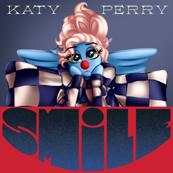 Size: 2000x2000 | Tagged: safe, artist:aldobronyjdc, species:pegasus, species:pony, album cover, clothing, clown, clown nose, costume, female, katy perry, looking at you, ponified, ponified album cover, sad clown, sad pony, simple background, smiling, solo, text