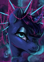 Size: 900x1265 | Tagged: safe, artist:laps-sp, character:princess luna, species:alicorn, species:pony, bust, chains, crown, digital painting, ethereal mane, female, jewelry, lidded eyes, looking at you, mare, nebula mane, portrait, regalia, signature, smiling, solo